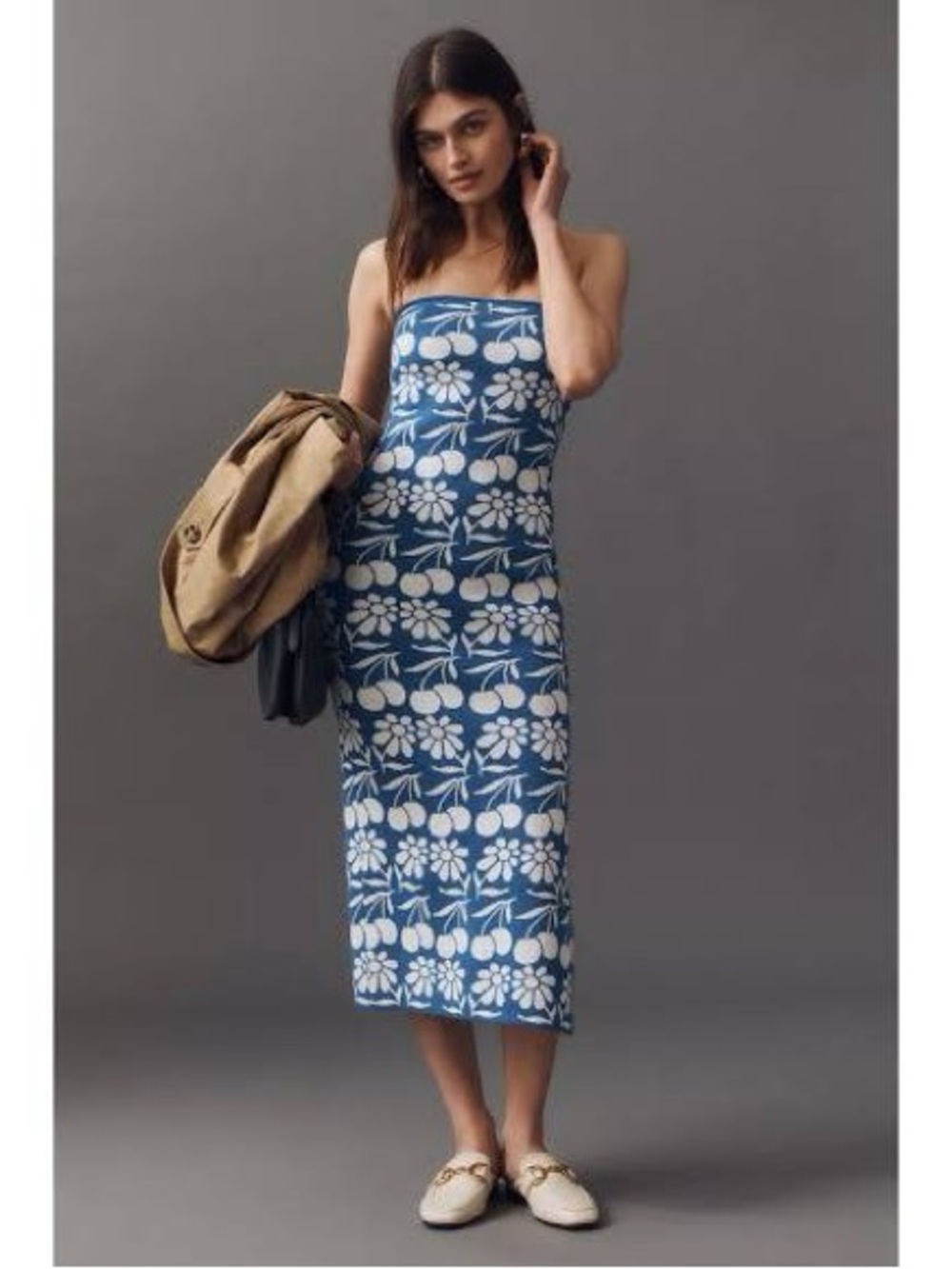 Anthropologie Blue and White Strapless Cherries and Flowers Sweater Dress SZ S